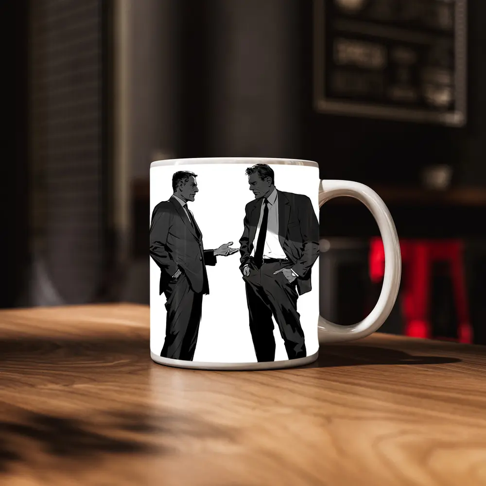 Two Businessmen Talking Grayscale Illustration Art – Mugs