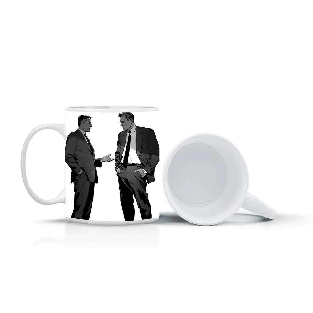 Two Businessmen Talking Grayscale Illustration Art – Mugs