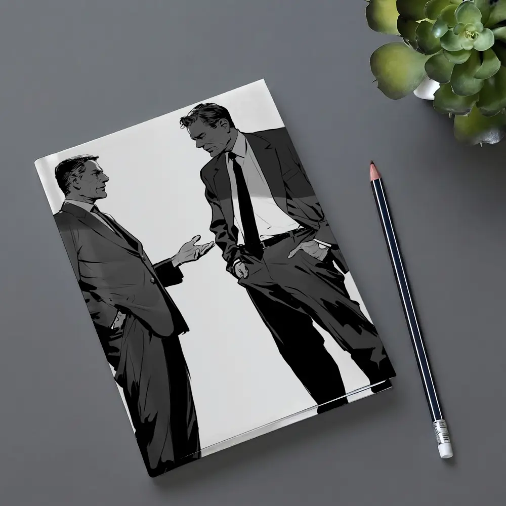 Two Businessmen Talking Grayscale Illustration Art – Notebooks