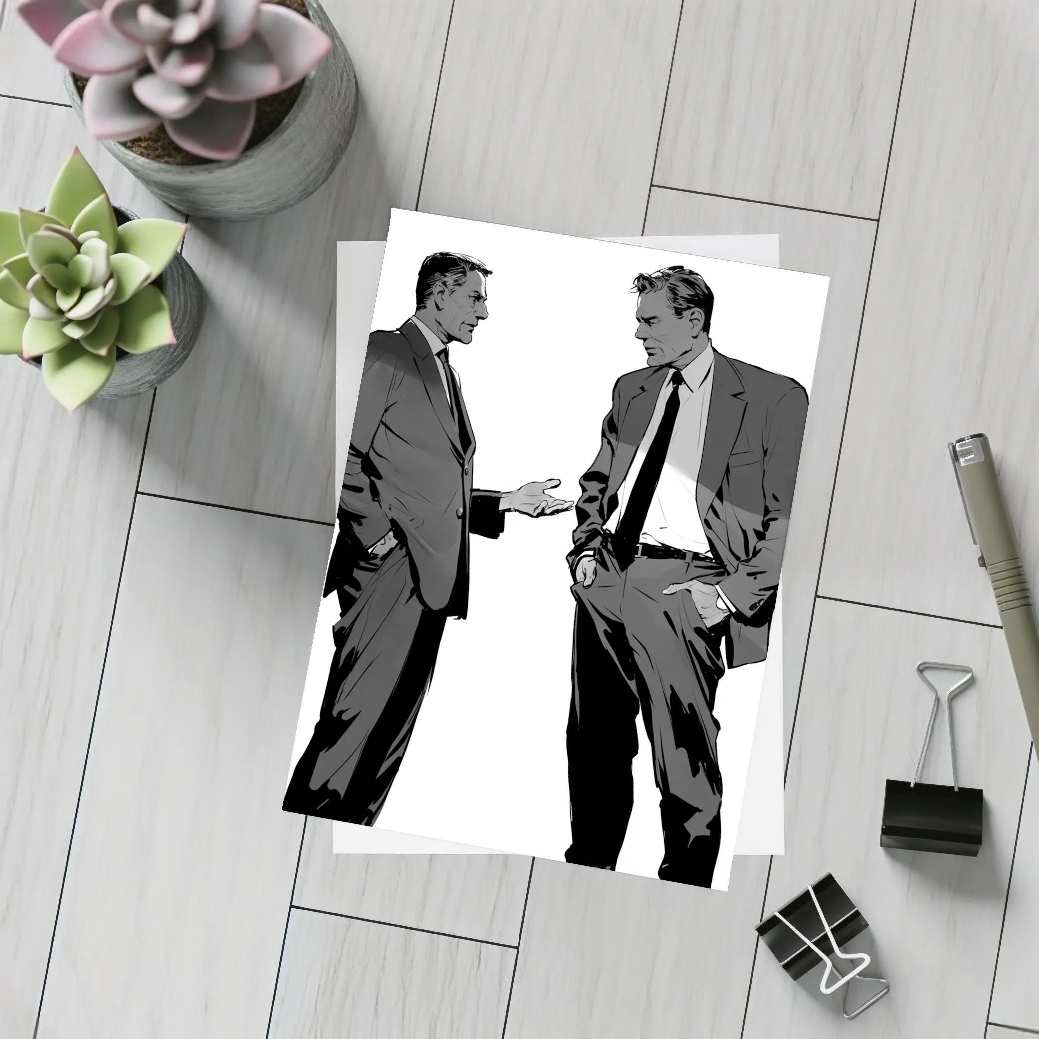 Two Businessmen Talking Grayscale Illustration Art – Postcards