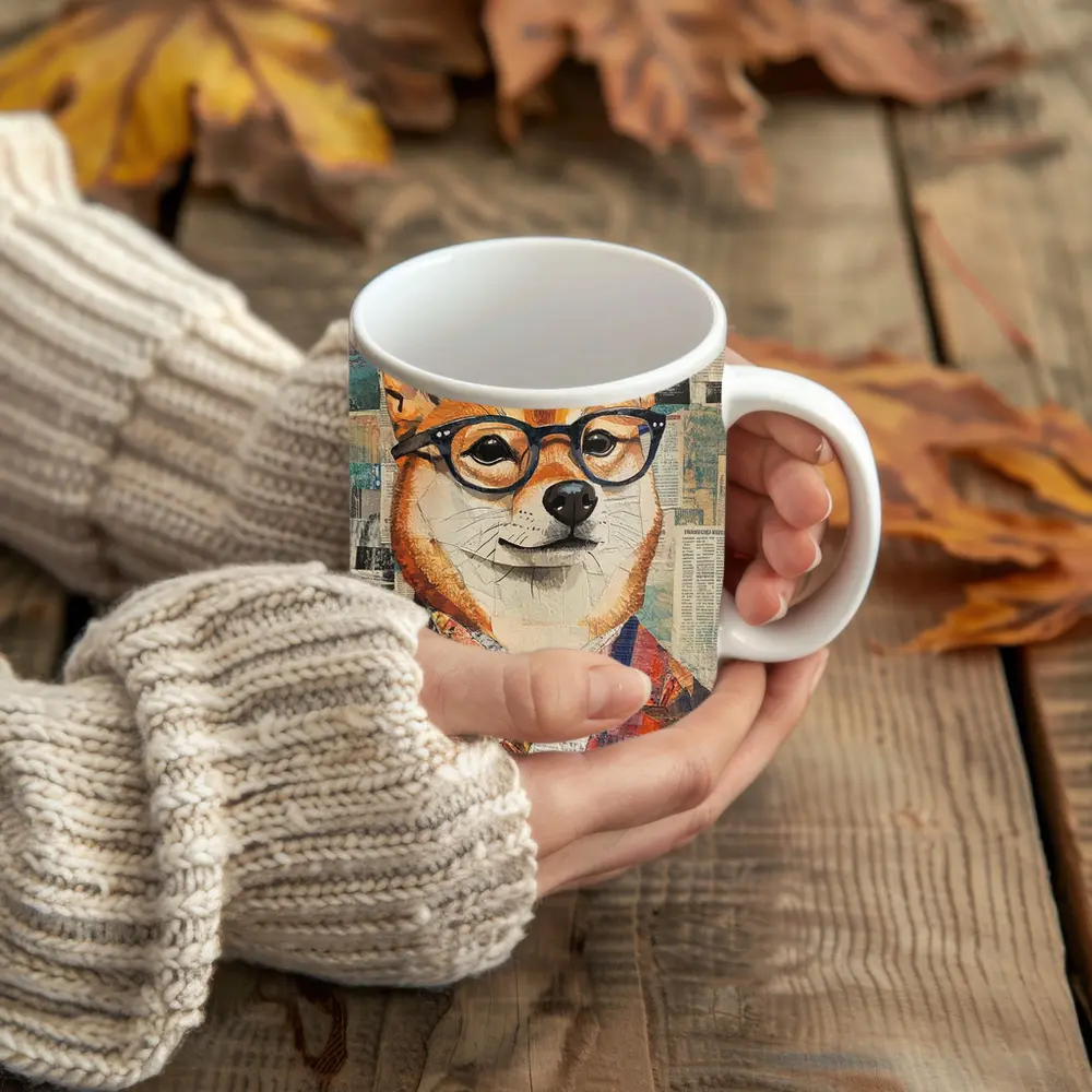 Shiba Inu Dog Collage Newspaper Background Art – Mugs