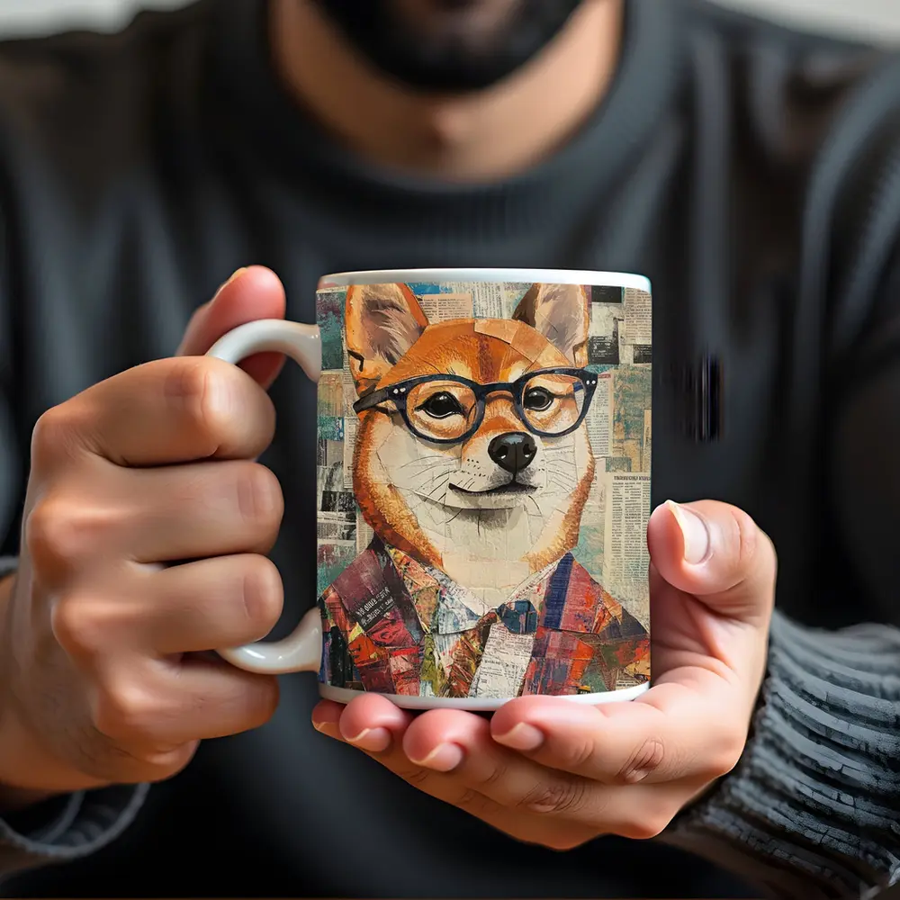 Shiba Inu Dog Collage Newspaper Background Art – Mugs