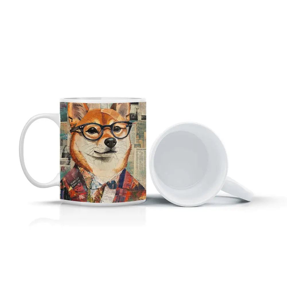 Shiba Inu Dog Collage Newspaper Background Art – Mugs
