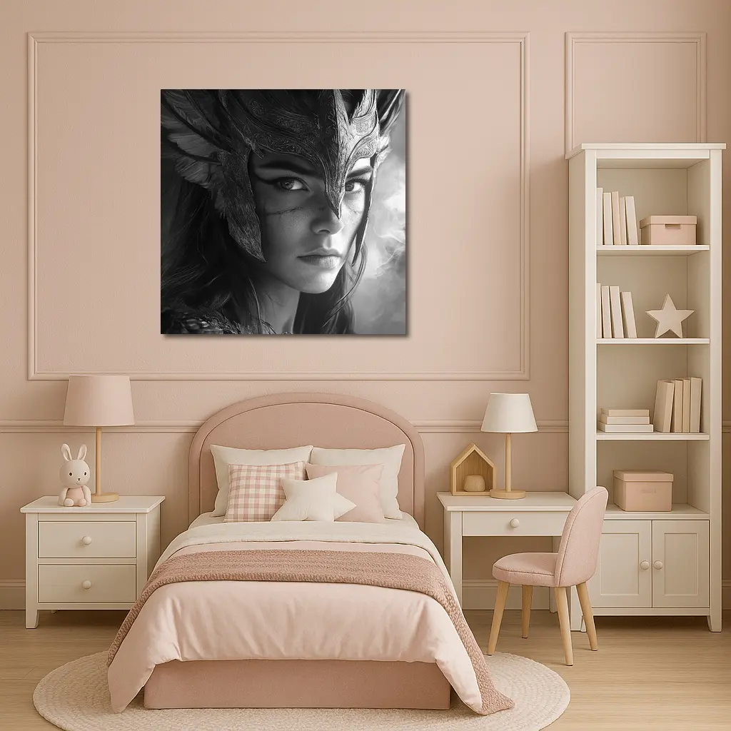 Warrior Woman Viking Helmet Black White – Wall Art