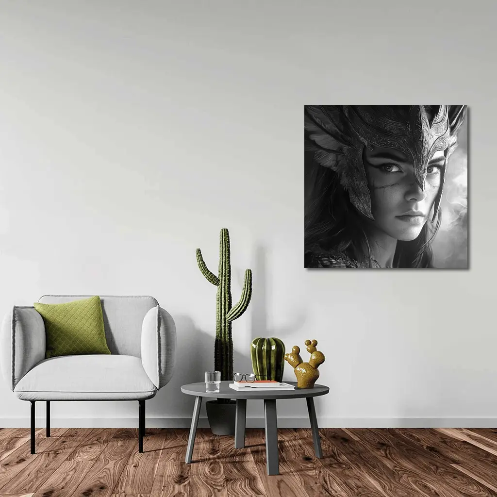 Warrior Woman Viking Helmet Black White – Wall Art