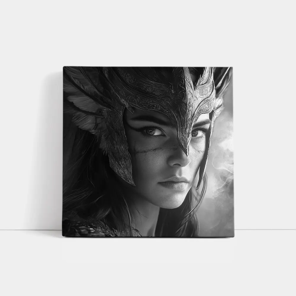 Warrior Woman Viking Helmet Black White – Wall Art