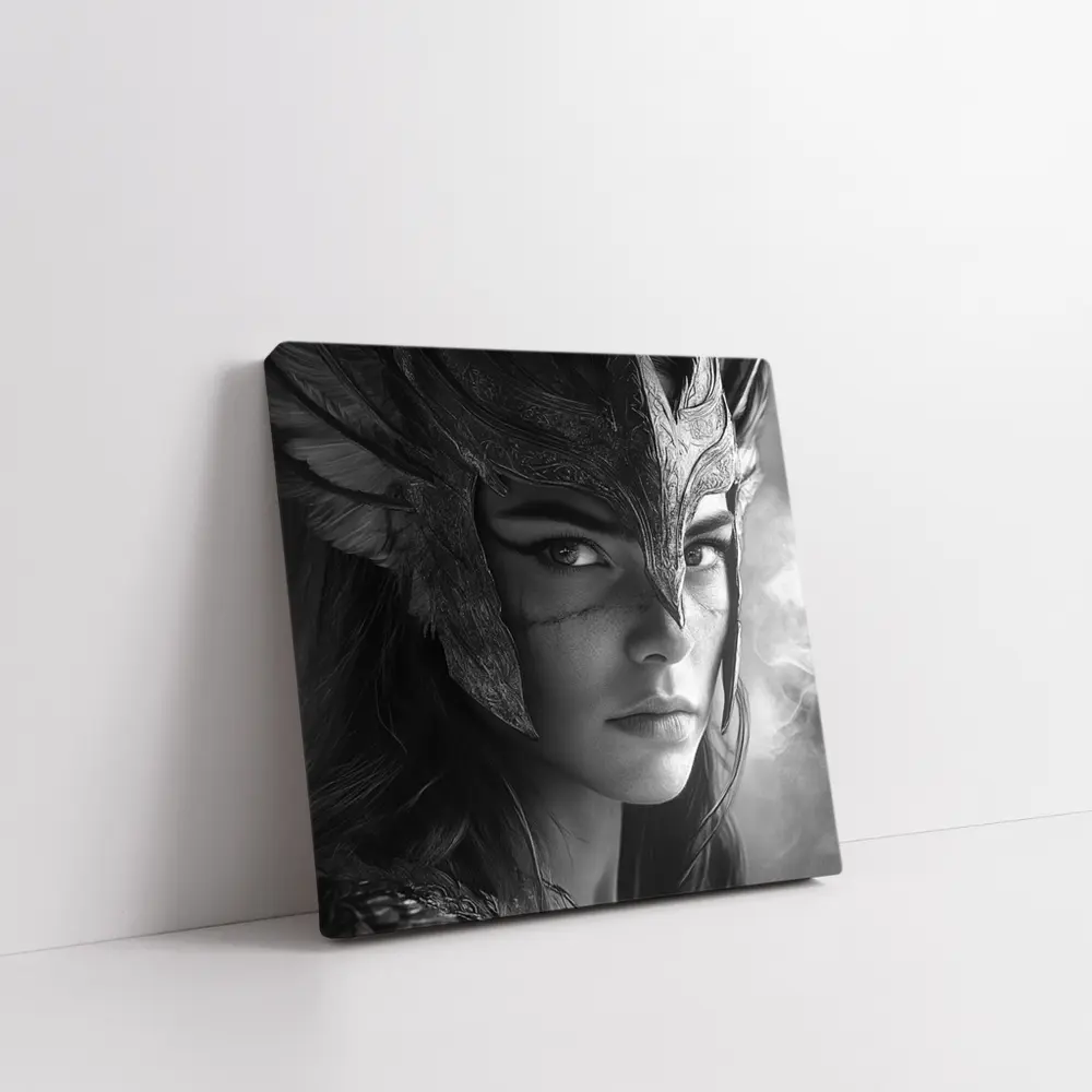 Warrior Woman Viking Helmet Black White – Wall Art