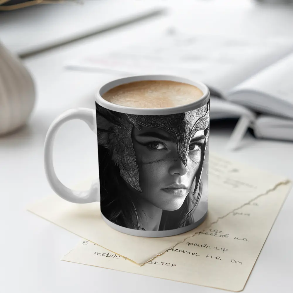 Warrior Woman Viking Helmet Black White – Mugs