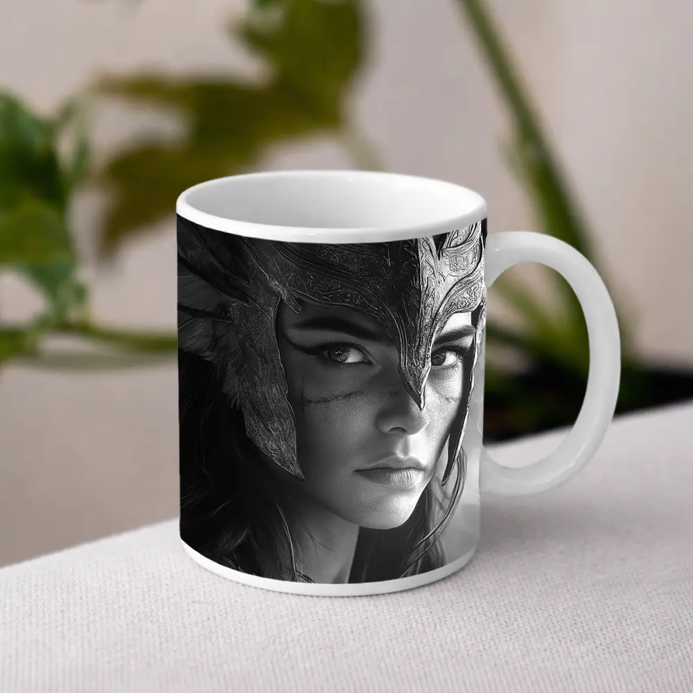 Warrior Woman Viking Helmet Black White – Mugs