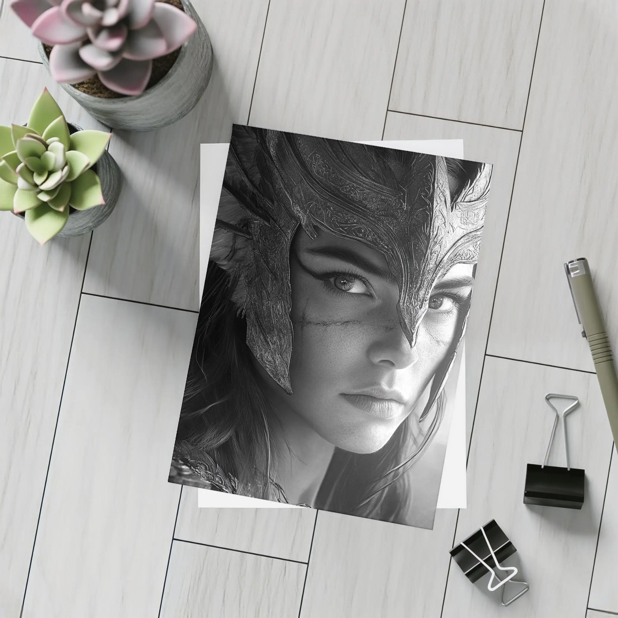 Warrior Woman Viking Helmet Black White – Postcards