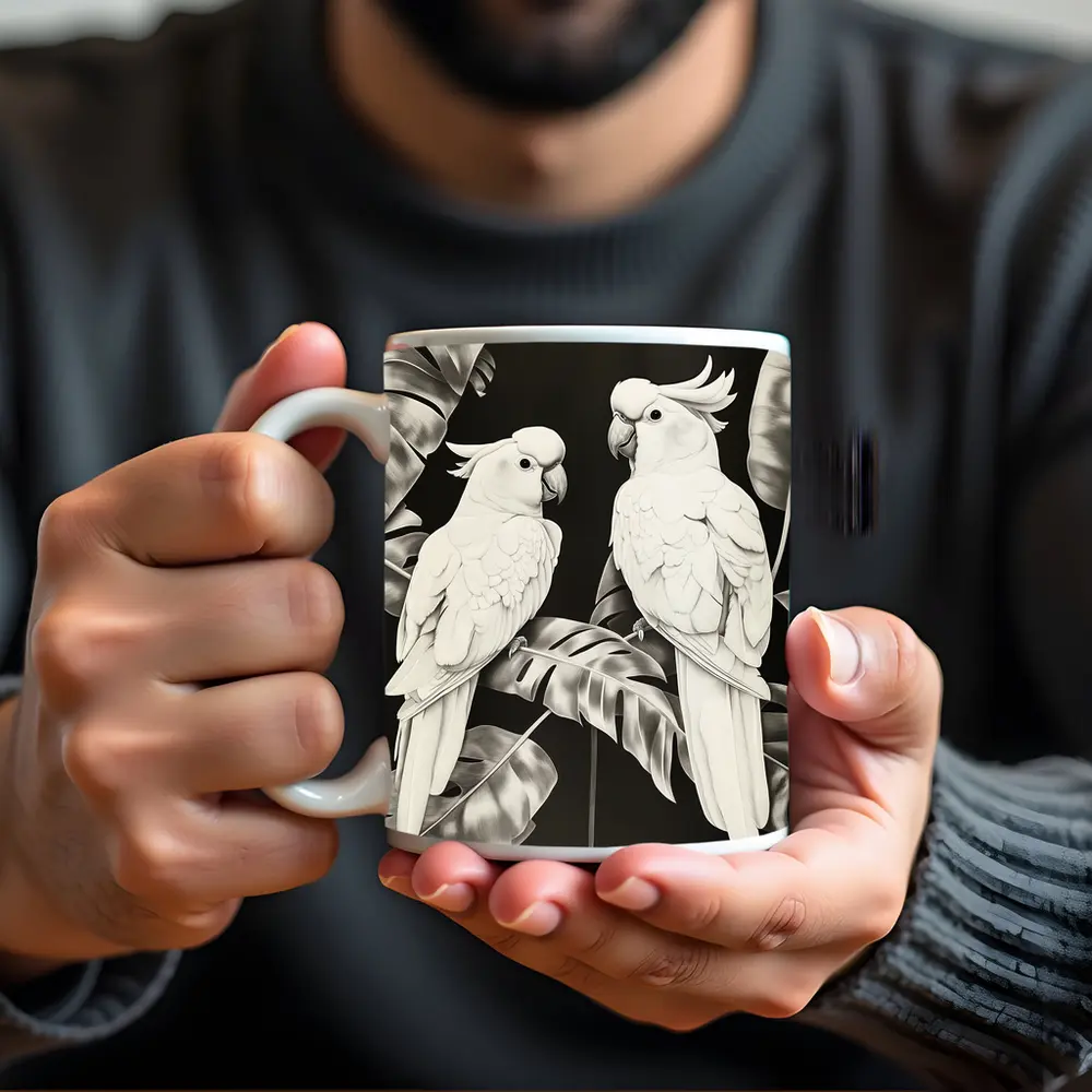 Two White Cockatoos Black and White Art – Mugs