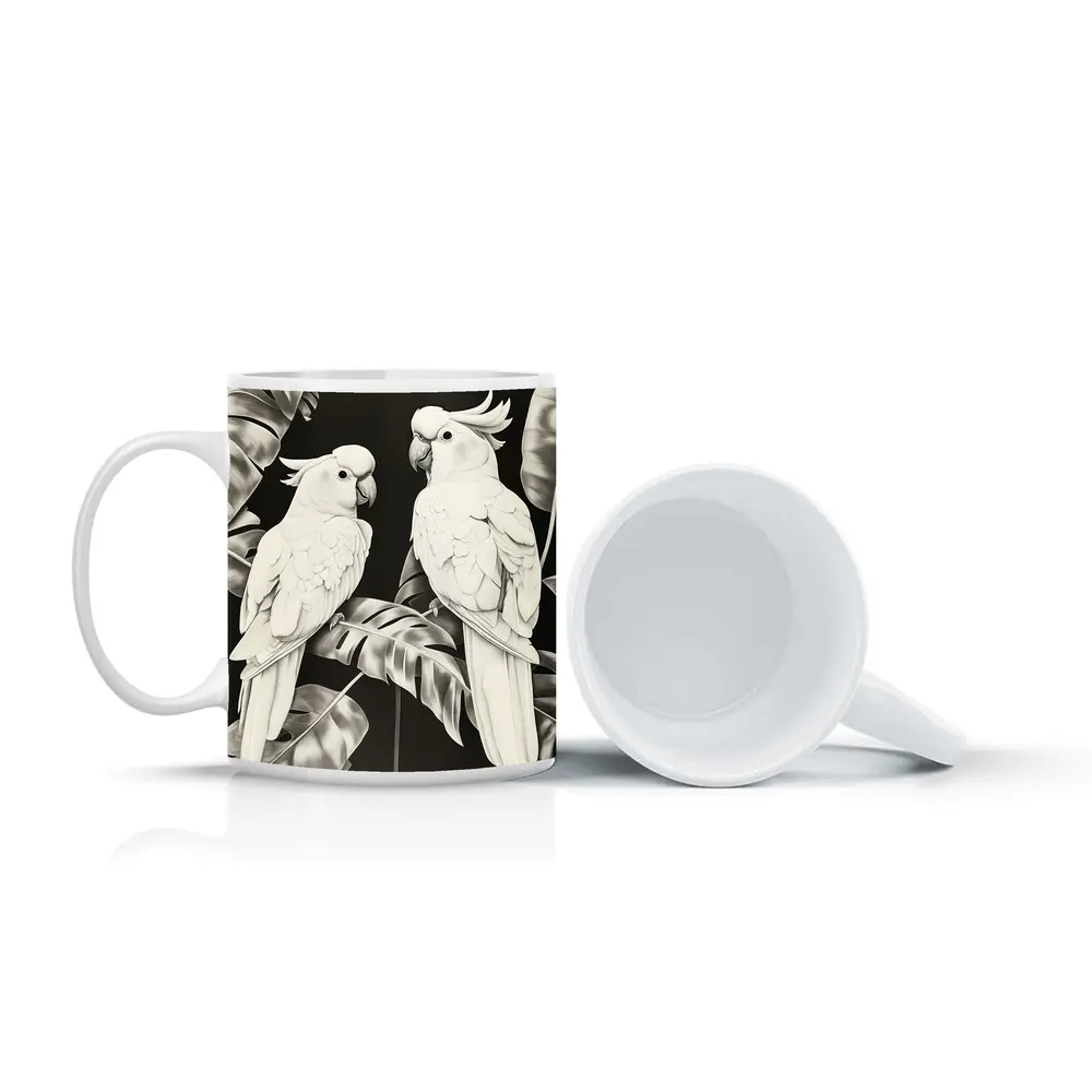 Two White Cockatoos Black and White Art – Mugs