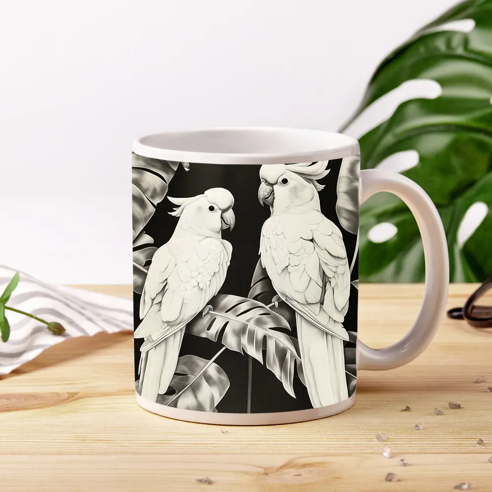 Two White Cockatoos Black and White Art – Mugs
