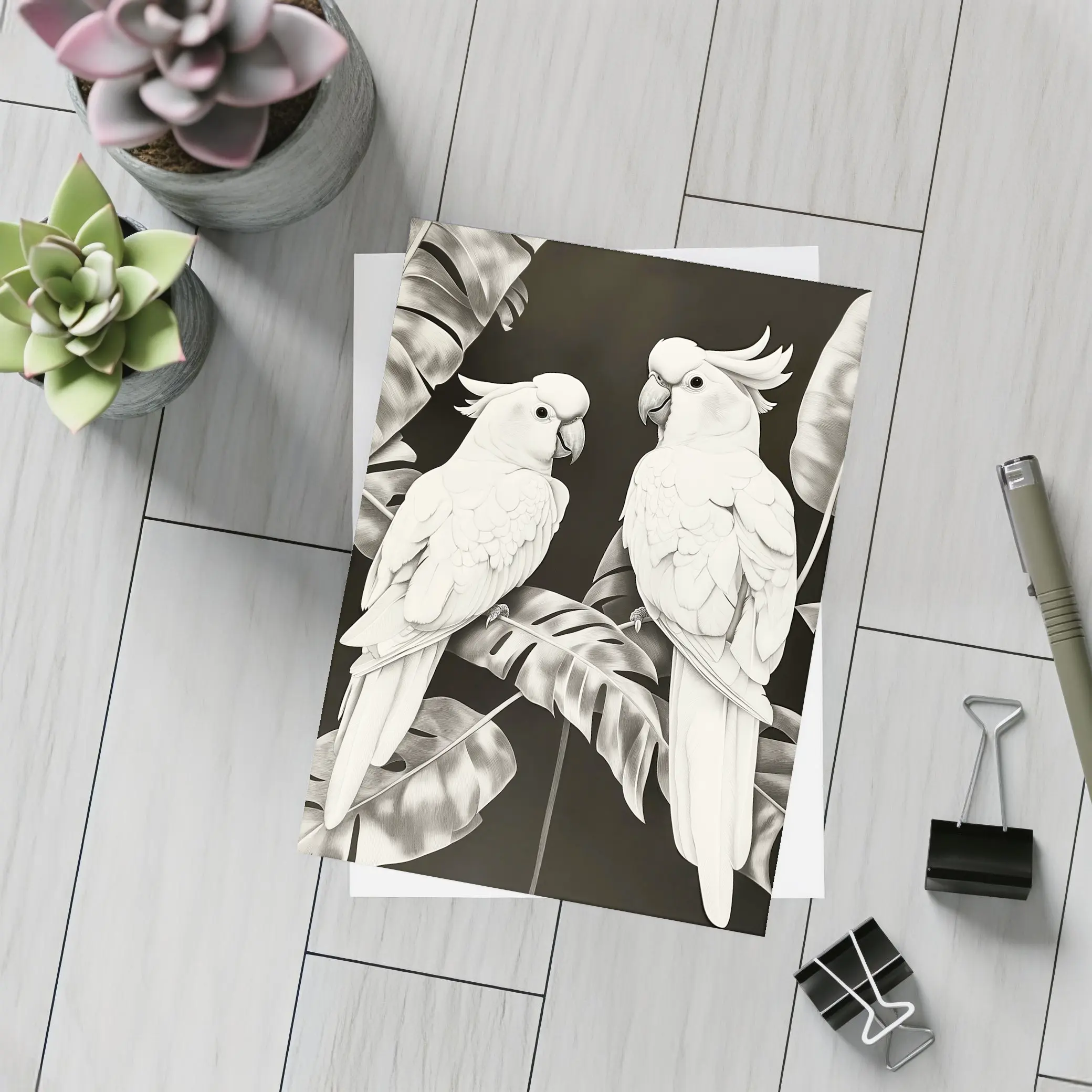 Two White Cockatoos Black and White Art – Postcards