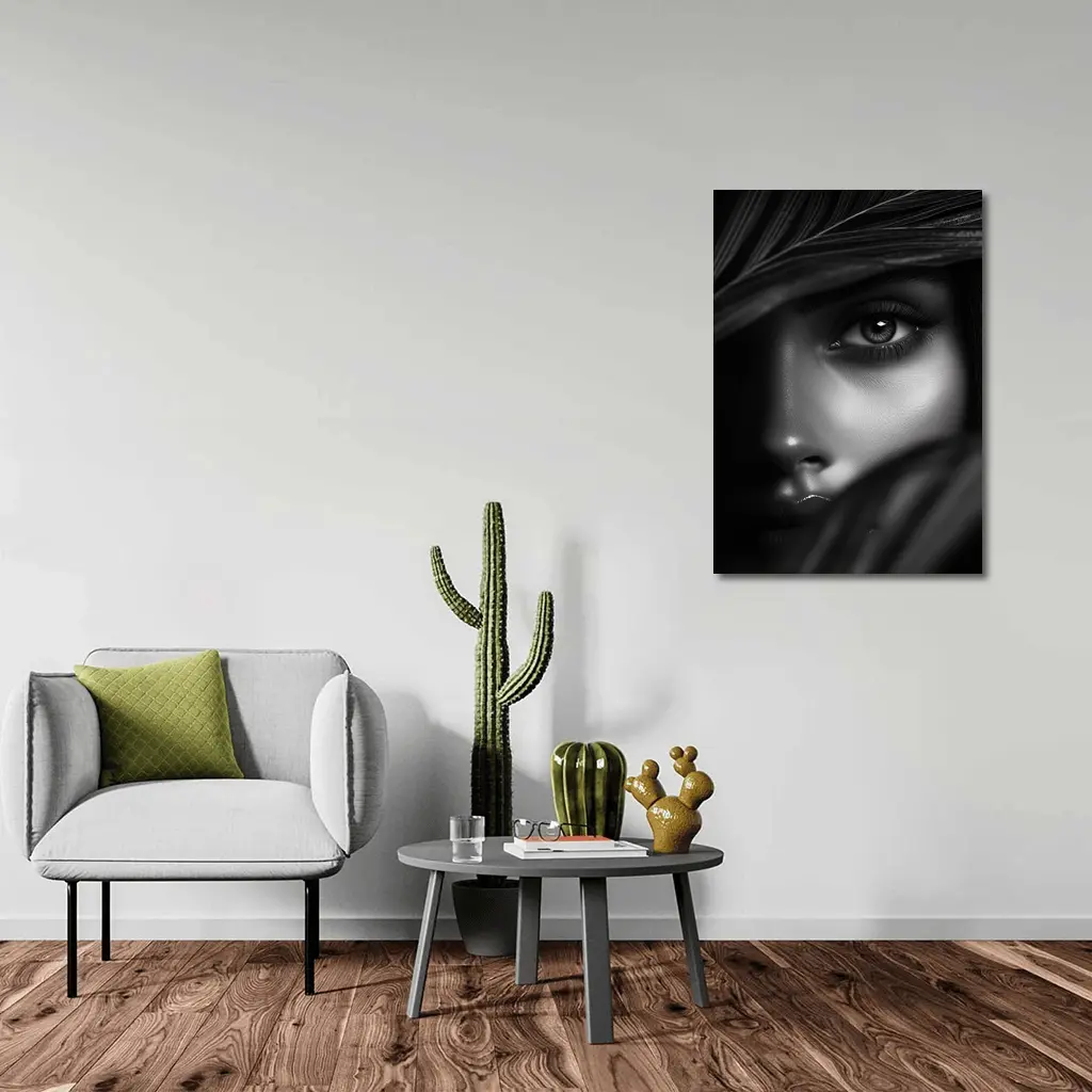 Black and White Woman Portrait Tropical Leaves – Wall Art