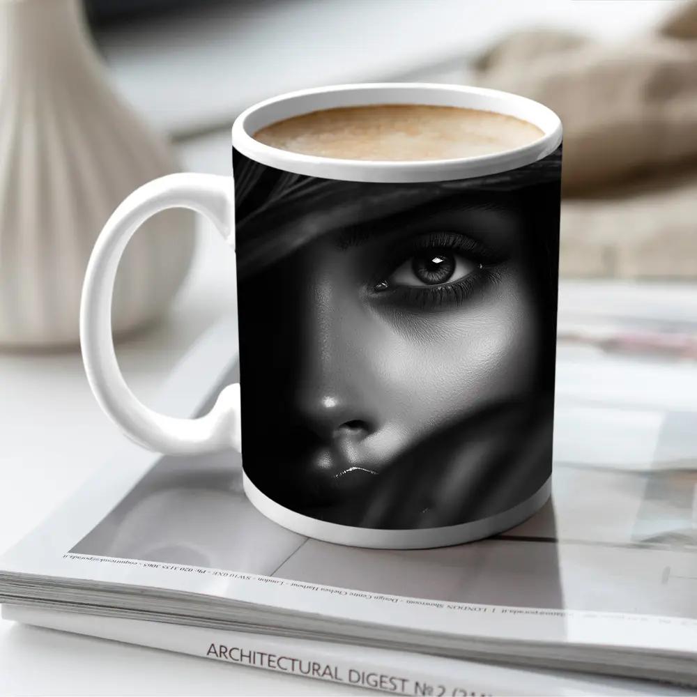 Black and White Woman Portrait Tropical Leaves – Mugs
