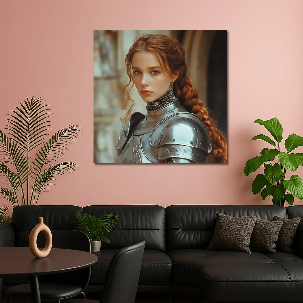 Young Female Knight Silver Armor Castle – Wall Art