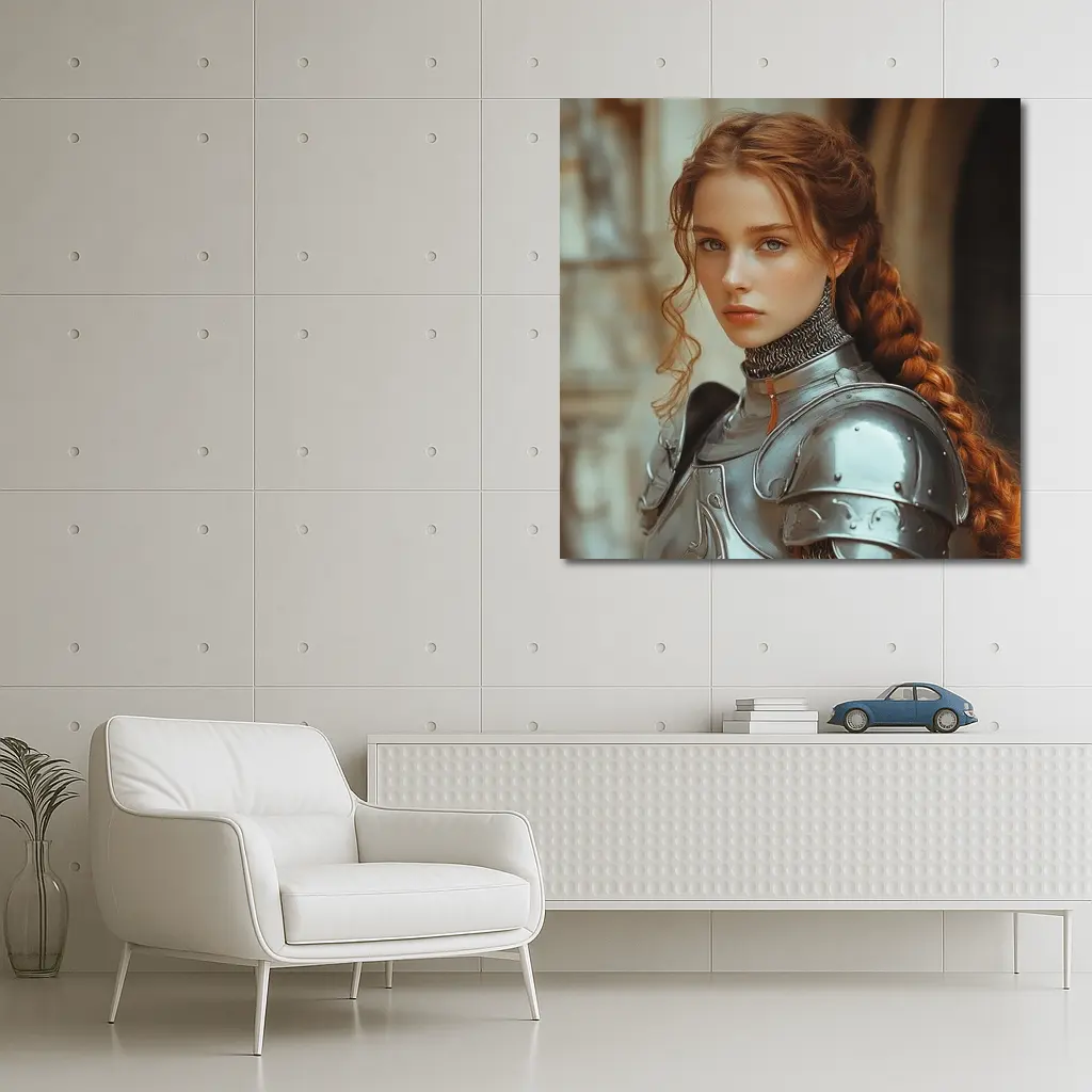 Young Female Knight Silver Armor Castle – Wall Art