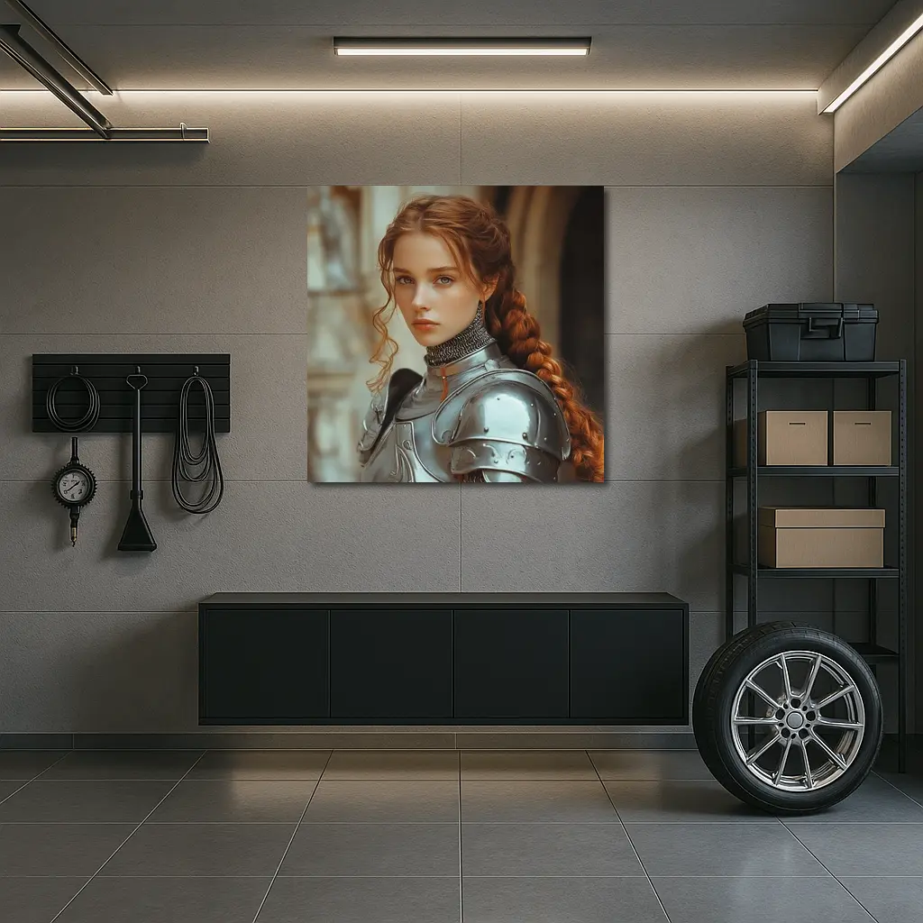 Young Female Knight Silver Armor Castle – Wall Art