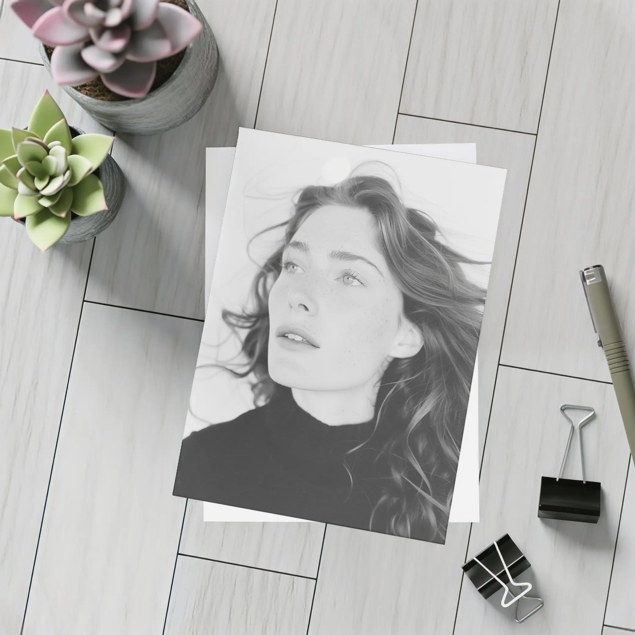 Black and White Woman Portrait Windy Hair – Postcards