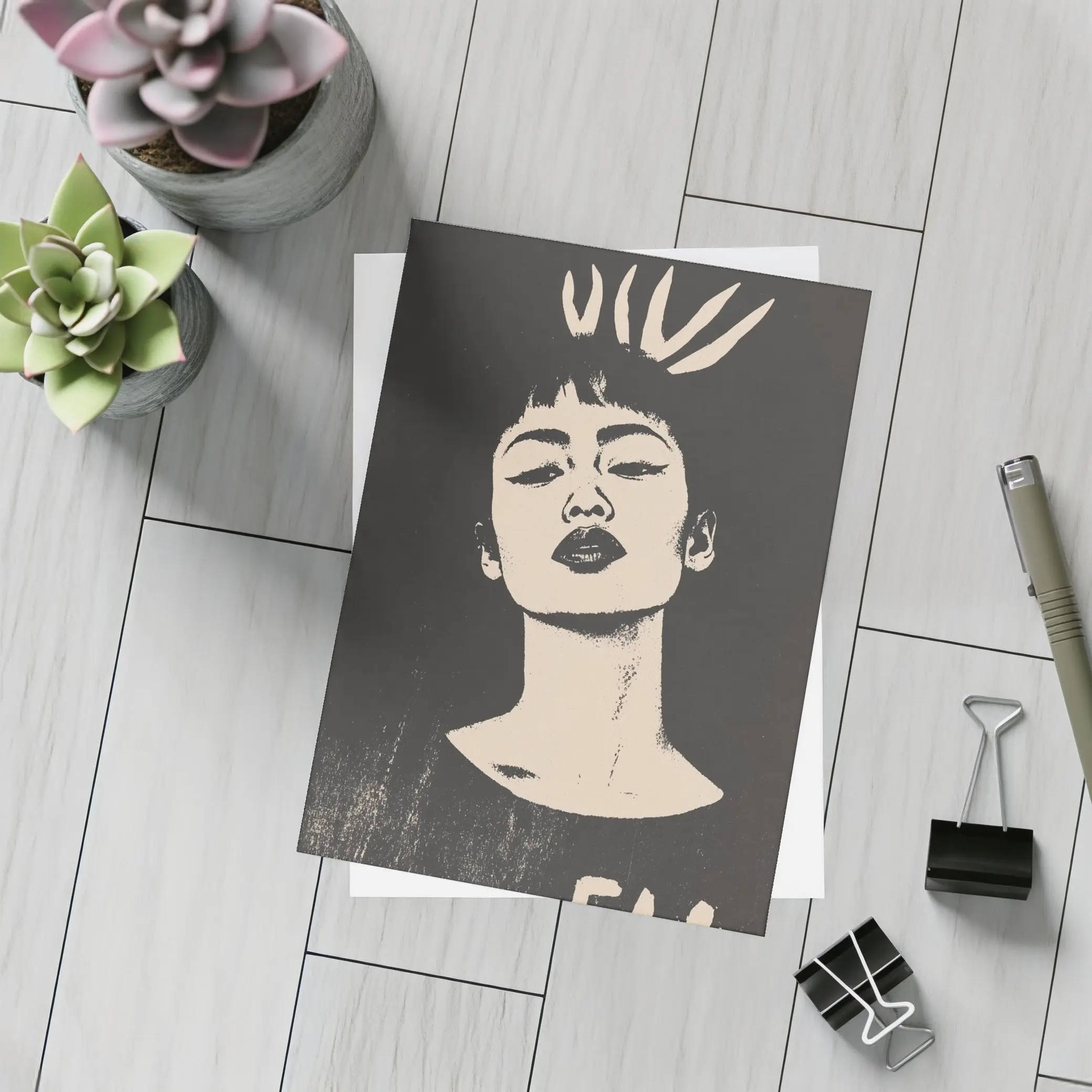 Bold Woman Portrait Dark Graphic Art – Postcards