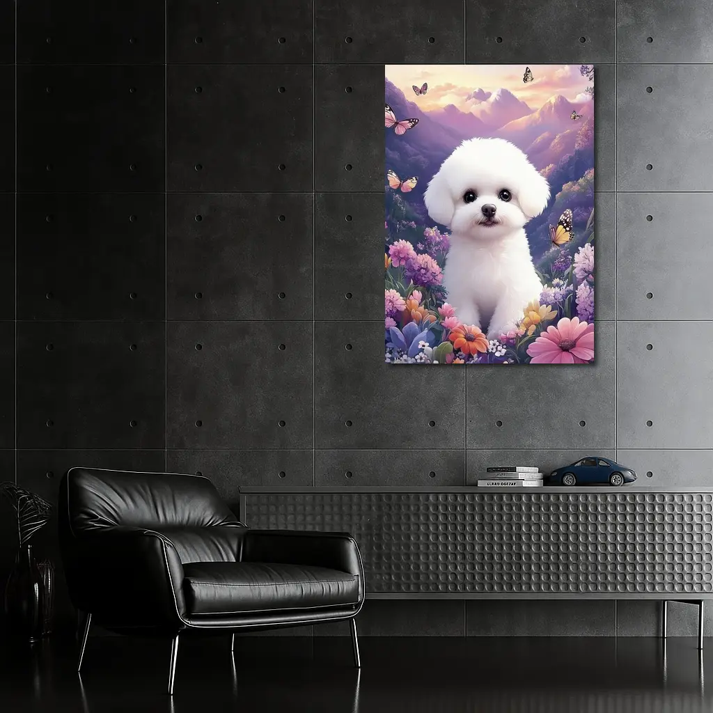 Bichon Frise Puppy Flowers Butterflies Purple Mountains – Wall Art