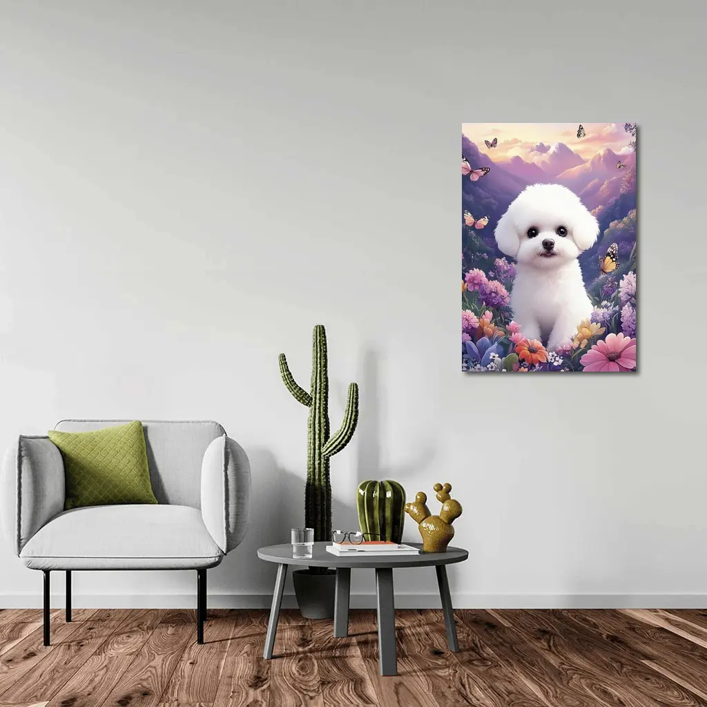 Bichon Frise Puppy Flowers Butterflies Purple Mountains – Wall Art