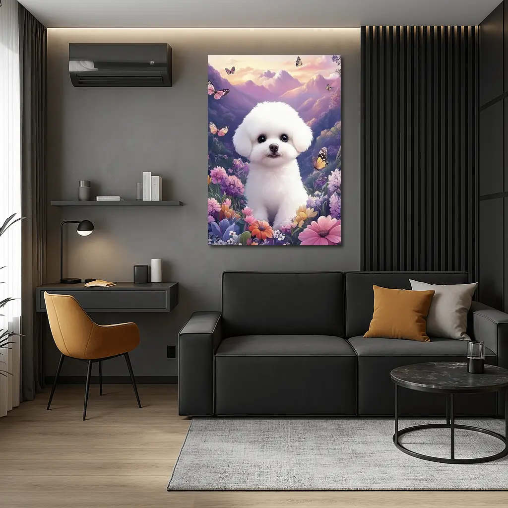 Bichon Frise Puppy Flowers Butterflies Purple Mountains – Wall Art