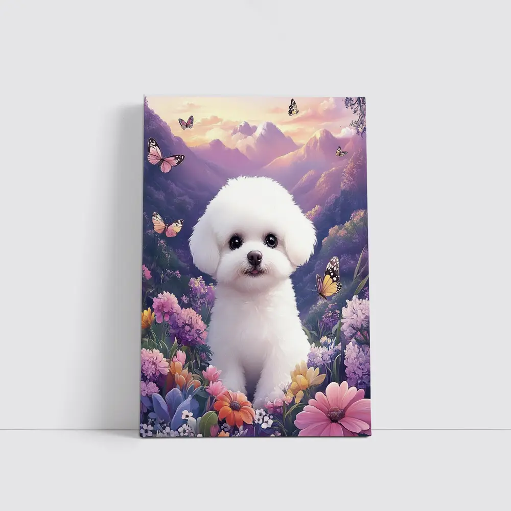 Bichon Frise Puppy Flowers Butterflies Purple Mountains – Wall Art