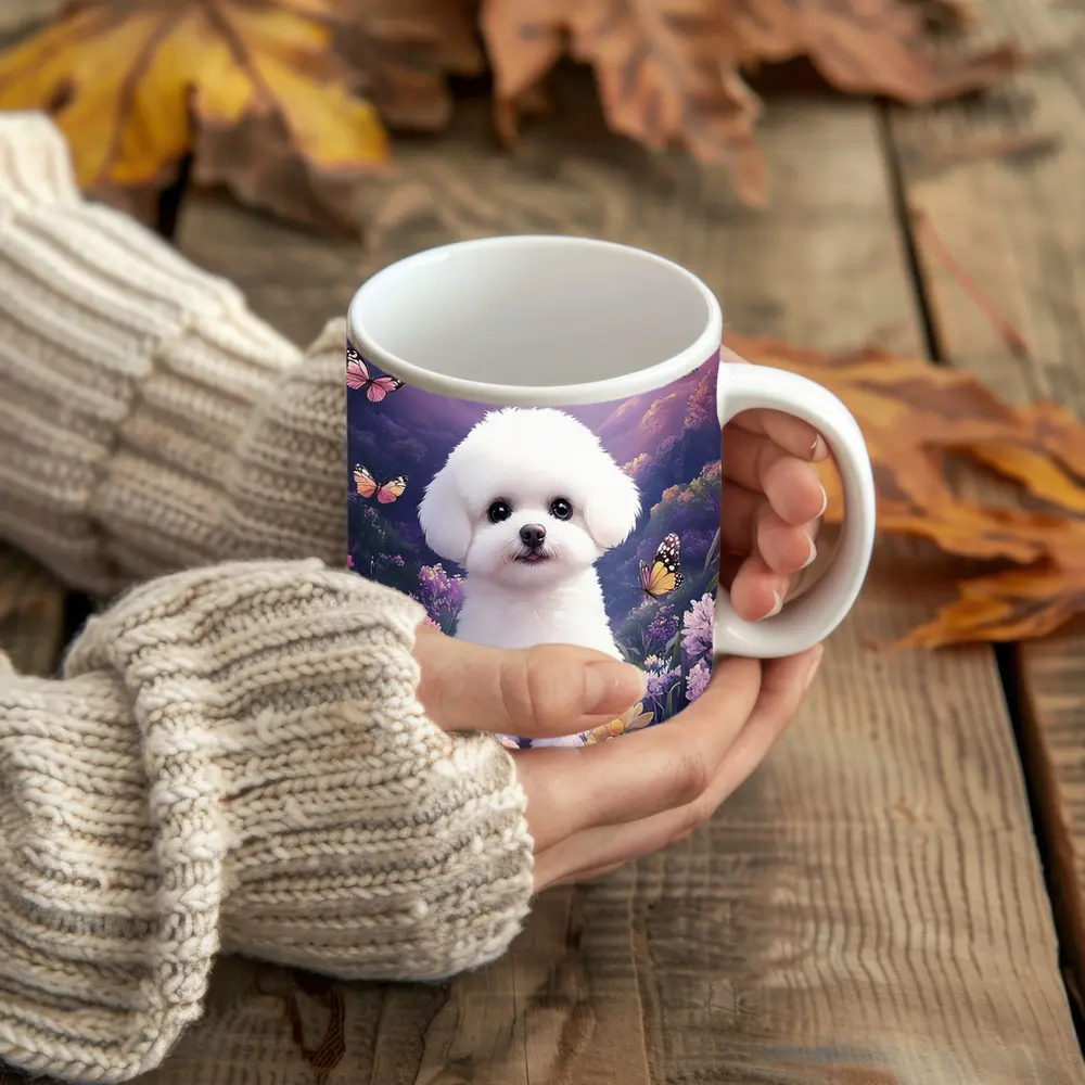Bichon Frise Puppy Flowers Butterflies Purple Mountains – Mugs