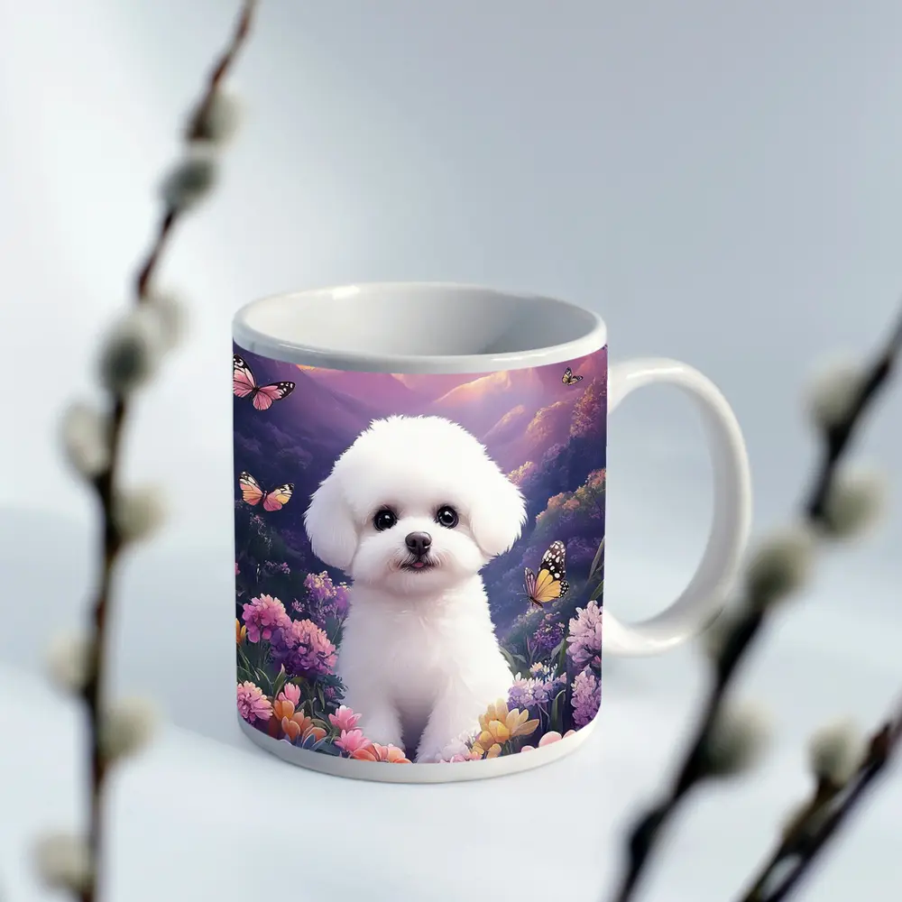 Bichon Frise Puppy Flowers Butterflies Purple Mountains – Mugs