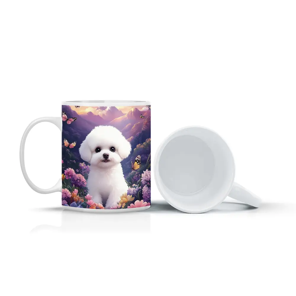 Bichon Frise Puppy Flowers Butterflies Purple Mountains – Mugs