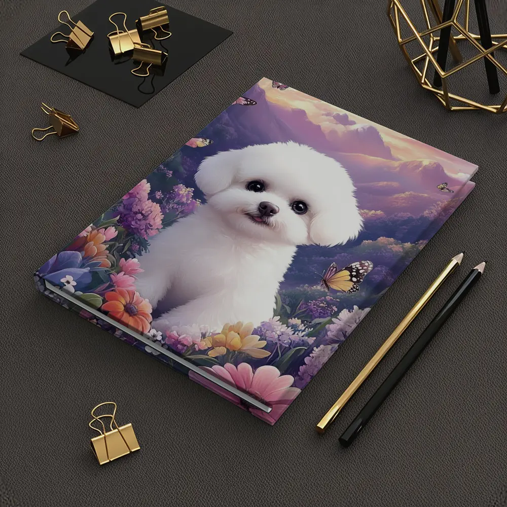 Bichon Frise Puppy Flowers Butterflies Purple Mountains – Notebooks