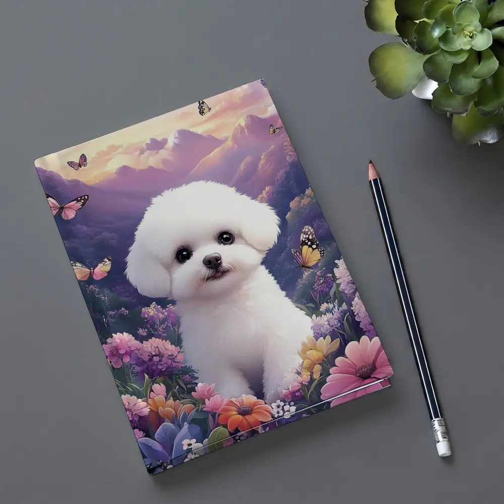 Bichon Frise Puppy Flowers Butterflies Purple Mountains – Notebooks