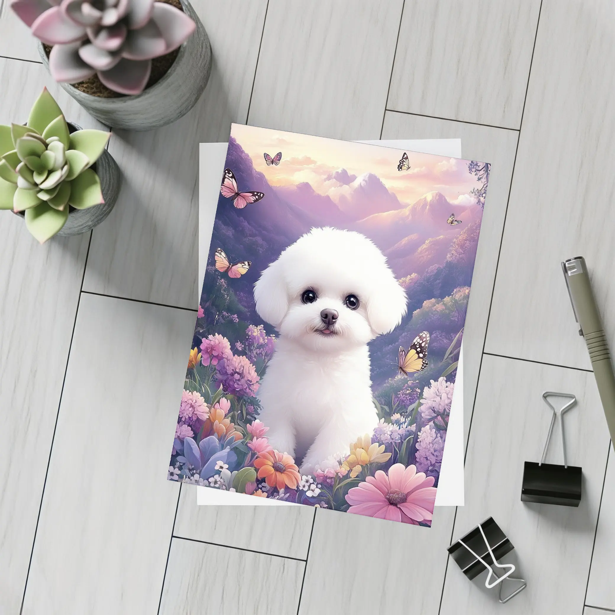 Bichon Frise Puppy Flowers Butterflies Purple Mountains – Postcards