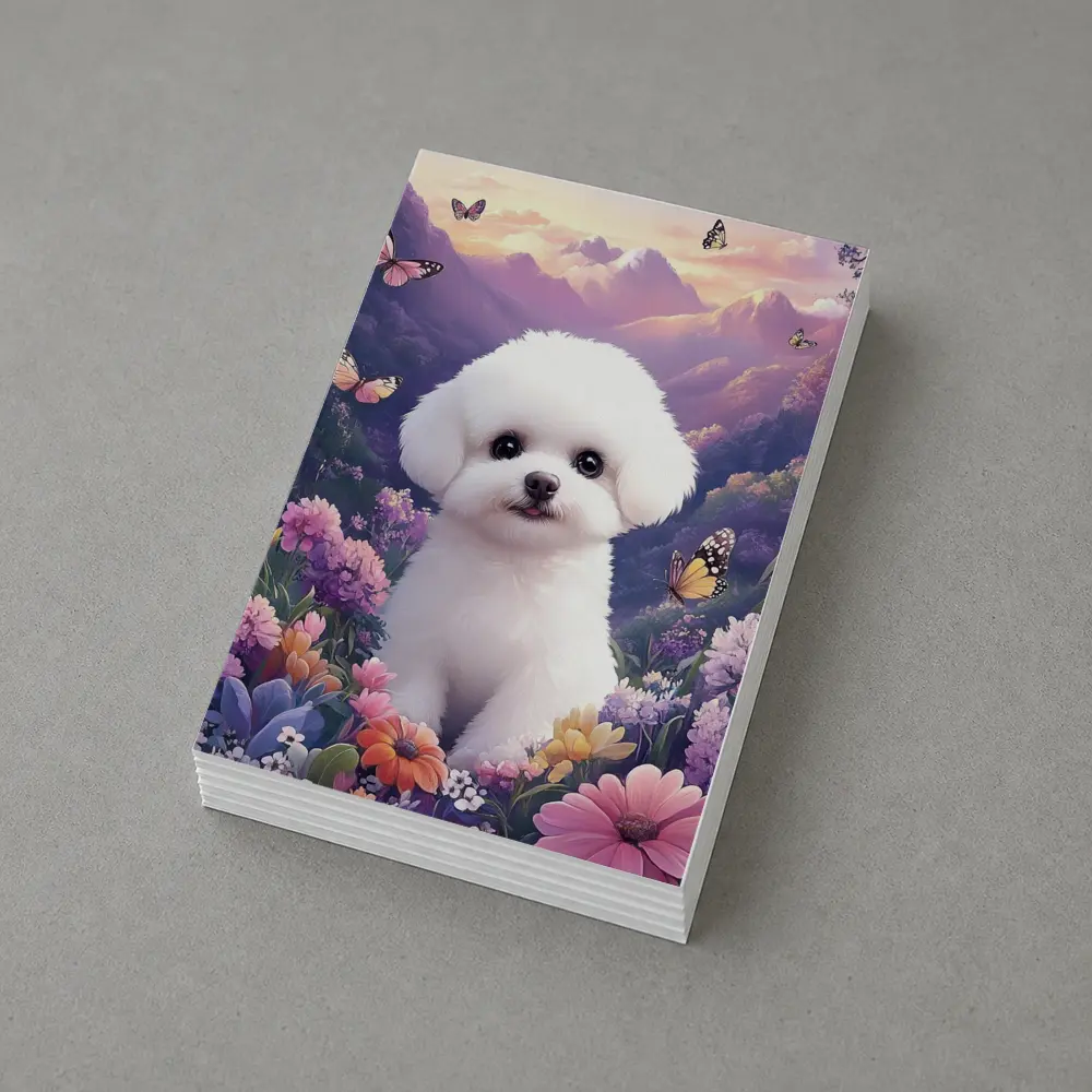 Bichon Frise Puppy Flowers Butterflies Purple Mountains – Postcards
