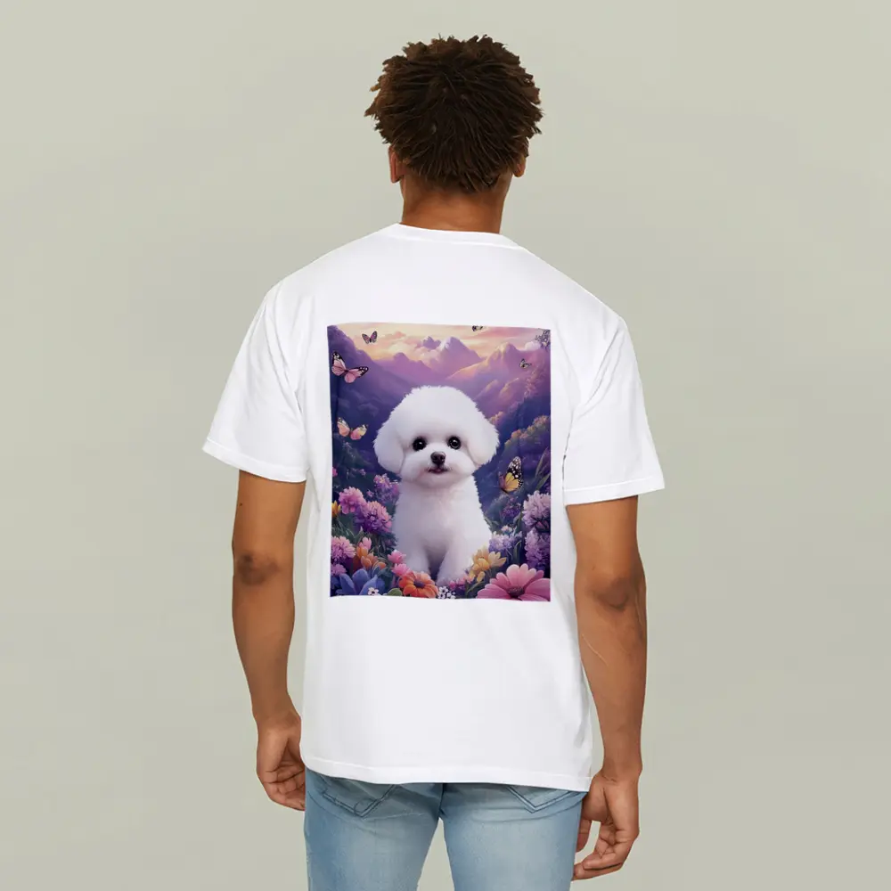 Bichon Frise Puppy Flowers Butterflies Purple Mountains – T-Shirts