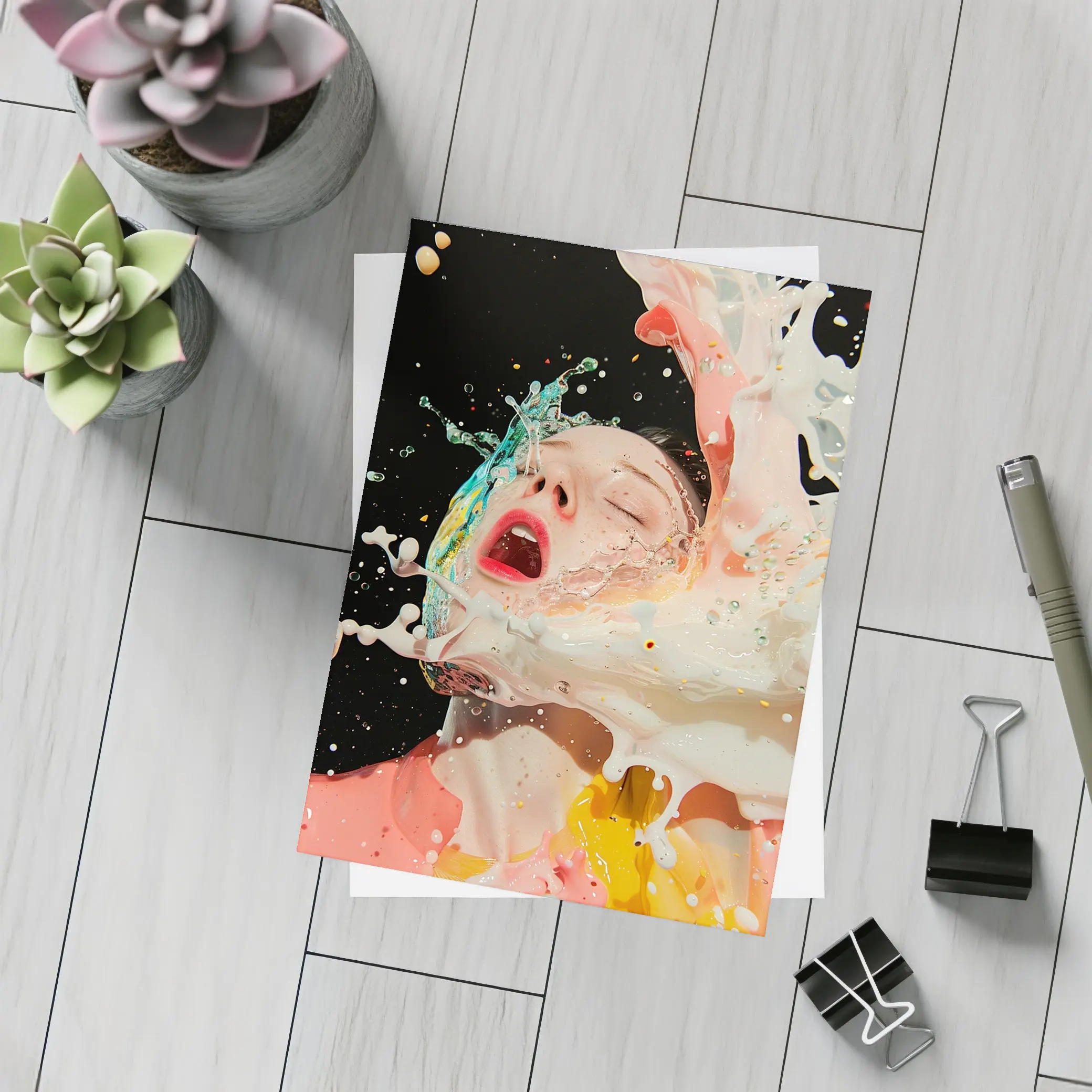 Woman Surreal Liquid Splash Colorful Art – Postcards