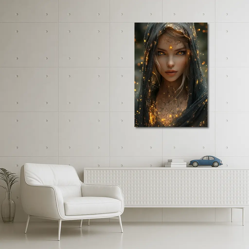 Fantasy Woman Golden Glowing Eyes Dark Veil – Wall Art
