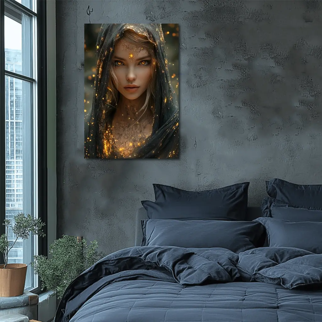 Fantasy Woman Golden Glowing Eyes Dark Veil – Wall Art