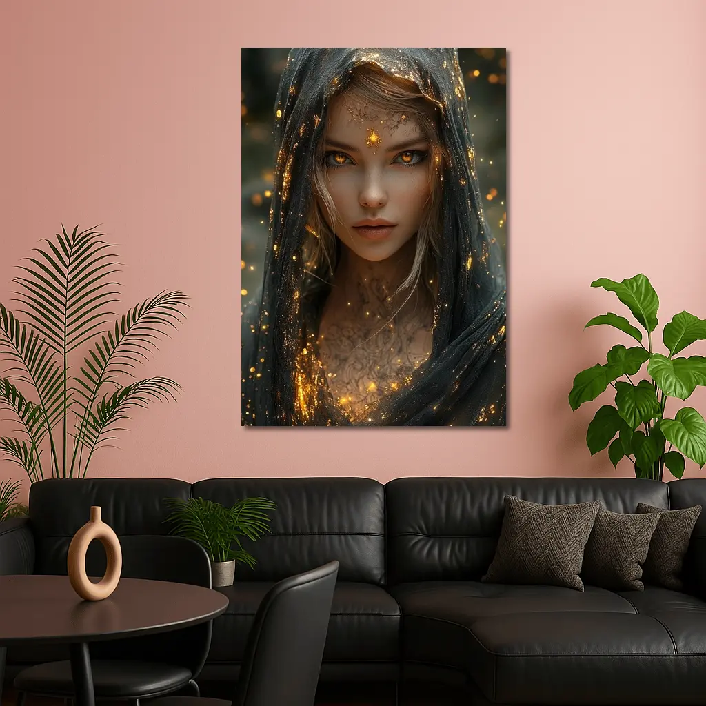Fantasy Woman Golden Glowing Eyes Dark Veil – Wall Art