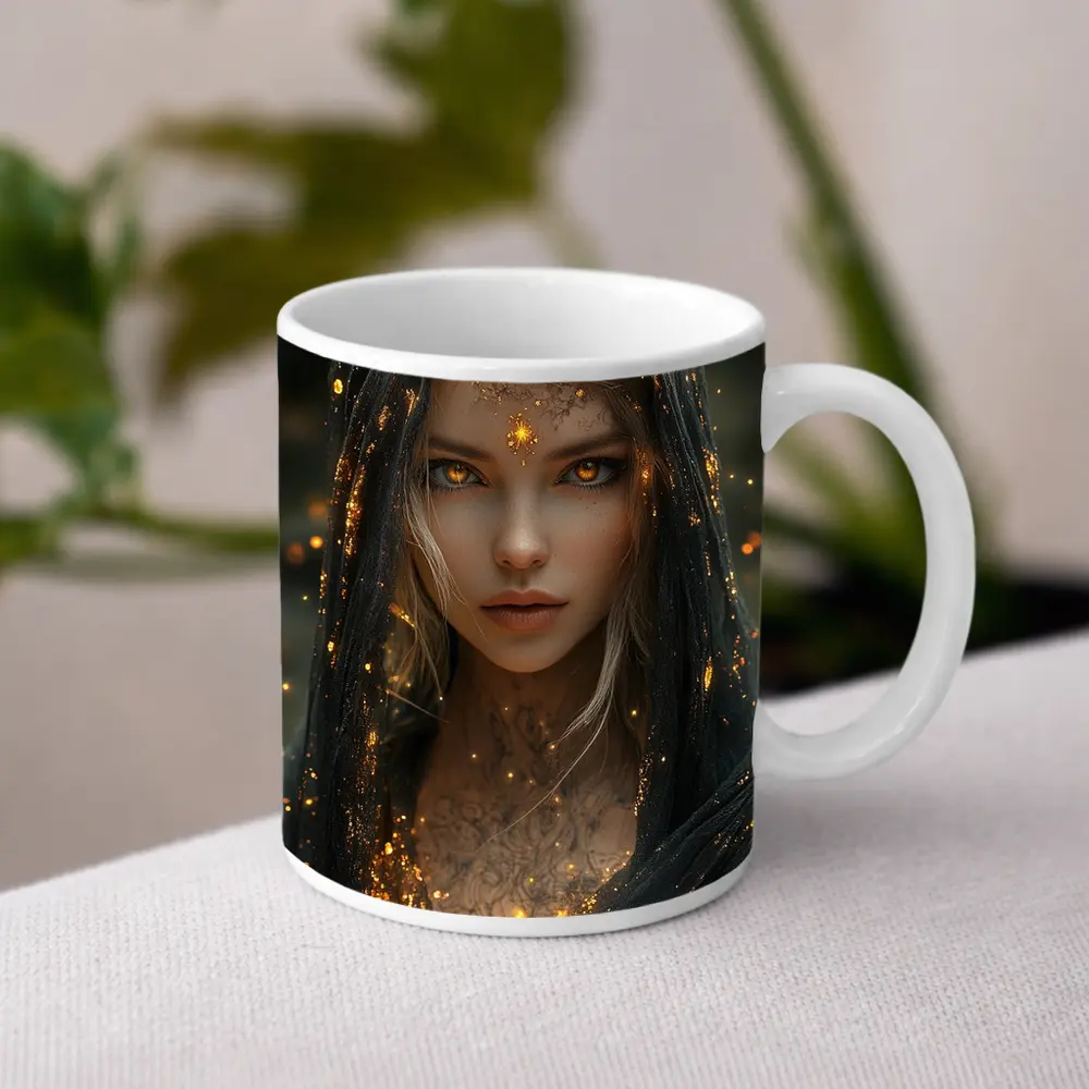 Fantasy Woman Golden Glowing Eyes Dark Veil – Mugs
