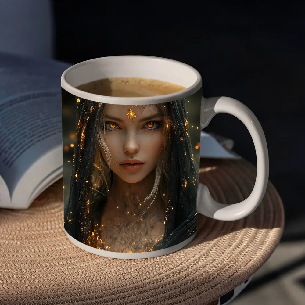 Fantasy Woman Golden Glowing Eyes Dark Veil – Mugs