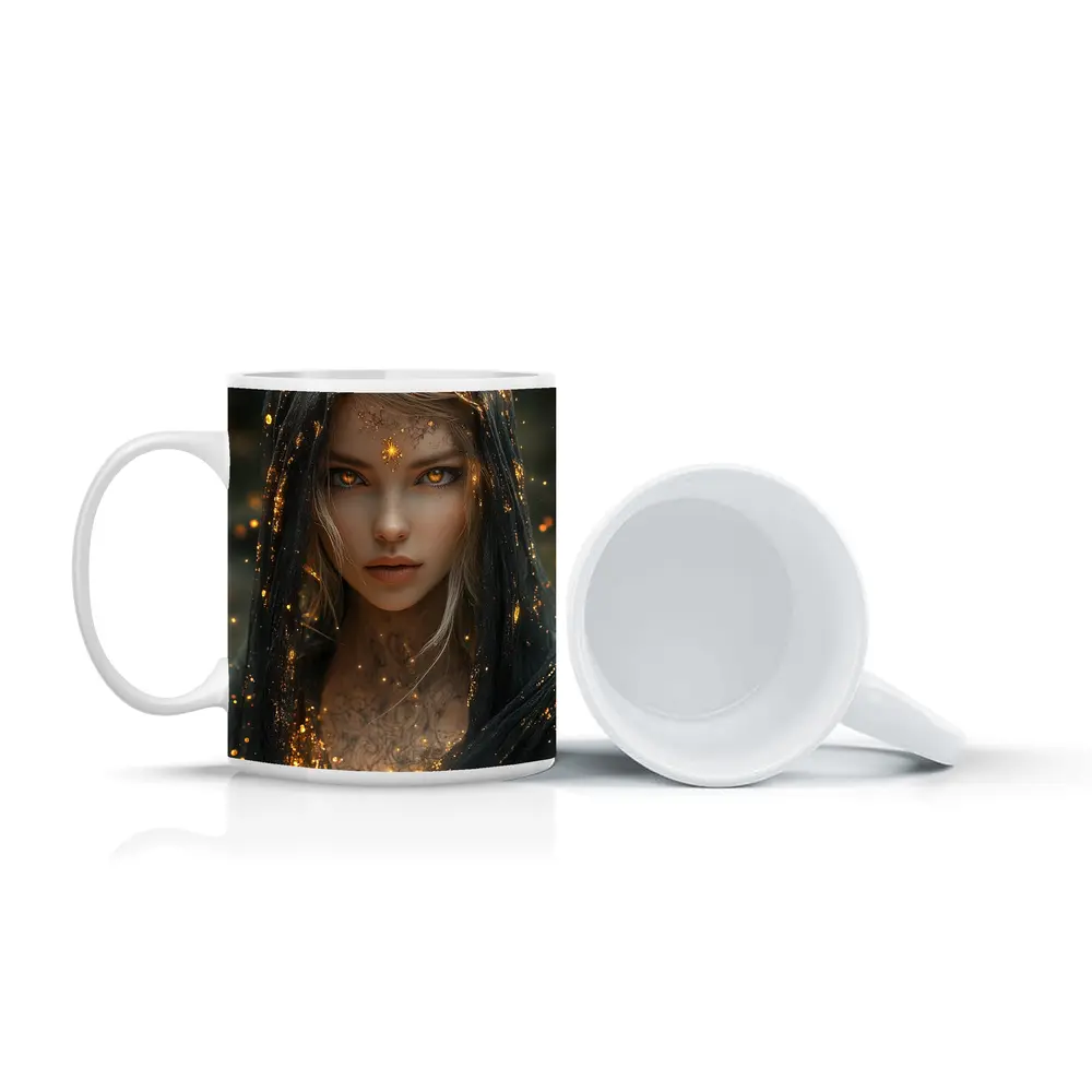 Fantasy Woman Golden Glowing Eyes Dark Veil – Mugs