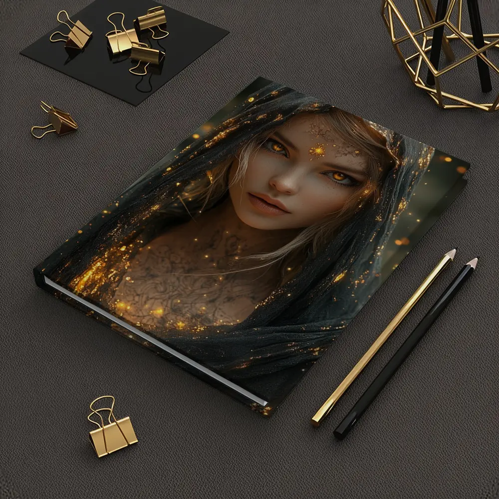 Fantasy Woman Golden Glowing Eyes Dark Veil – Notebooks