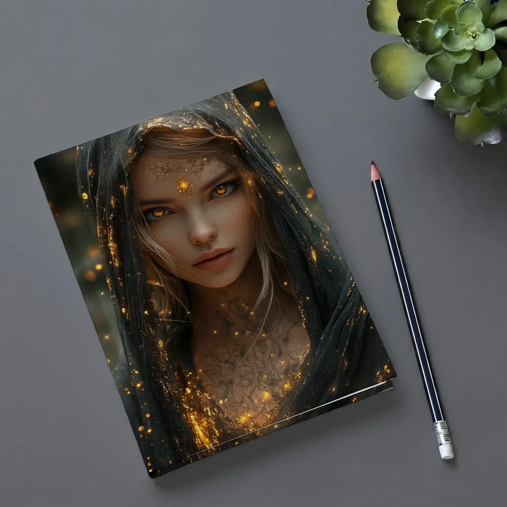 Fantasy Woman Golden Glowing Eyes Dark Veil – Notebooks