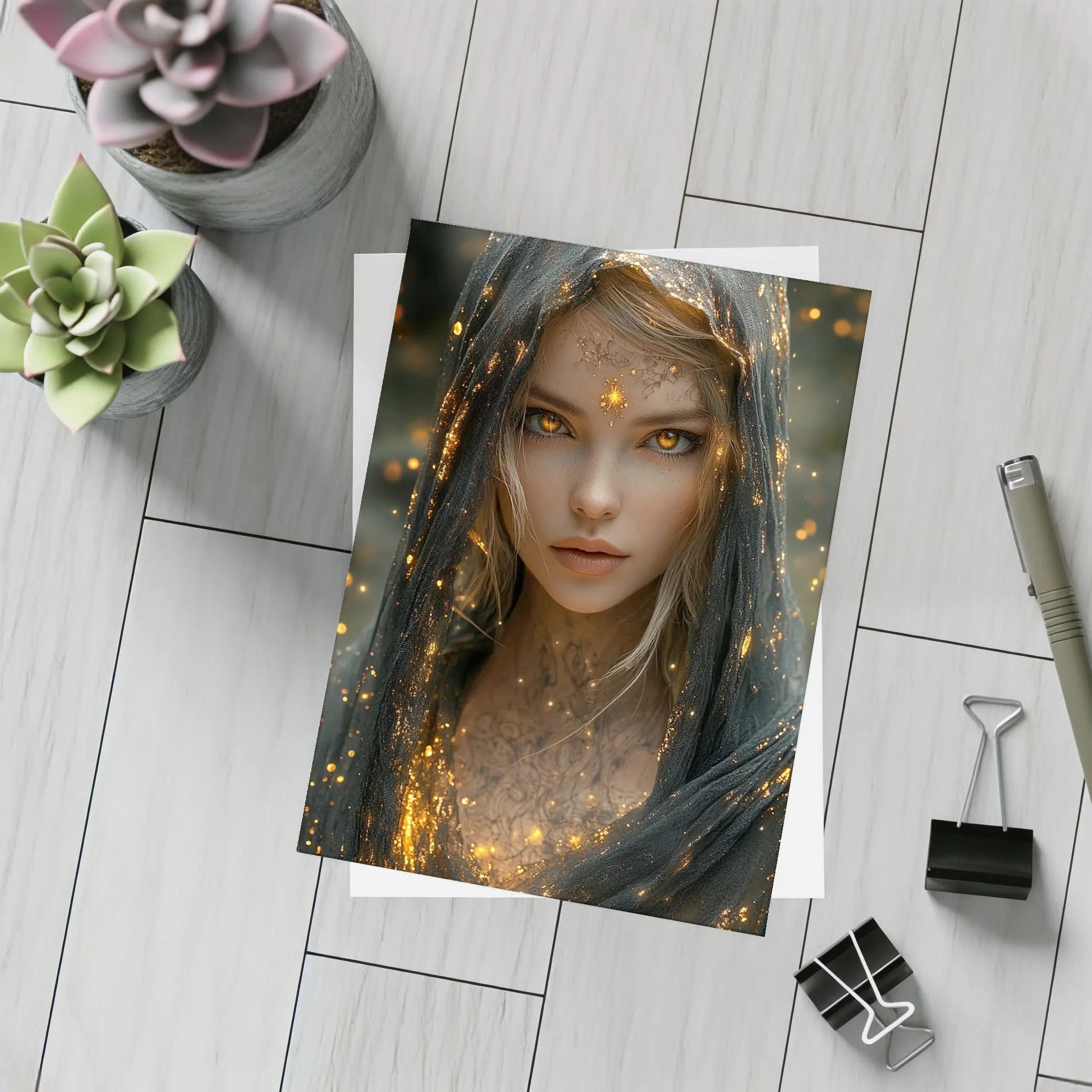 Fantasy Woman Golden Glowing Eyes Dark Veil – Postcards