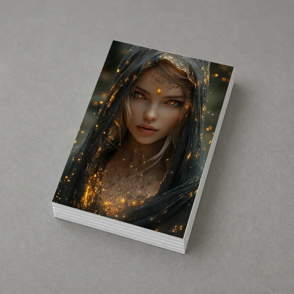 Fantasy Woman Golden Glowing Eyes Dark Veil – Postcards