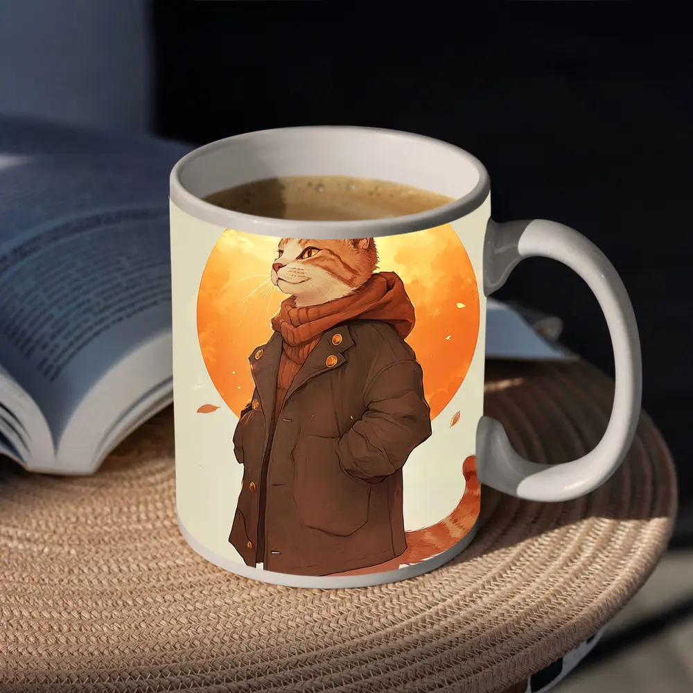 Tabby Cat Autumn Jacket Anime Art – Mugs