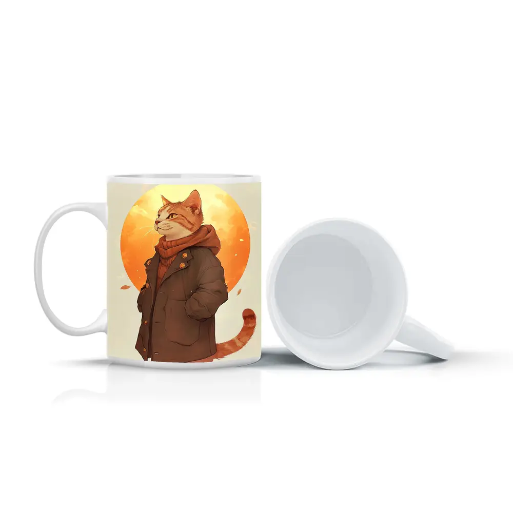 Tabby Cat Autumn Jacket Anime Art – Mugs